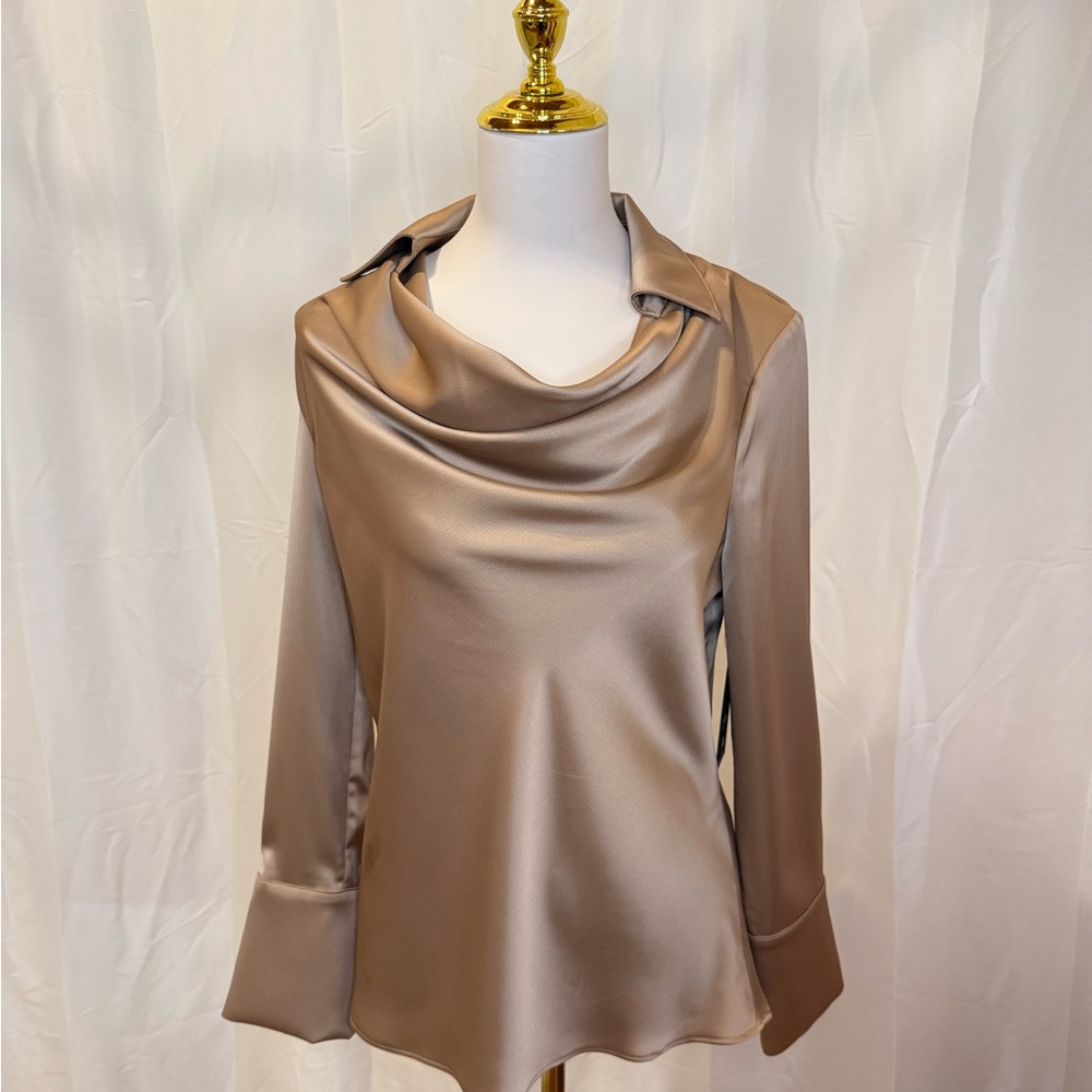 Posh Couture Satin Cowl Neck Blouse - Mocha
